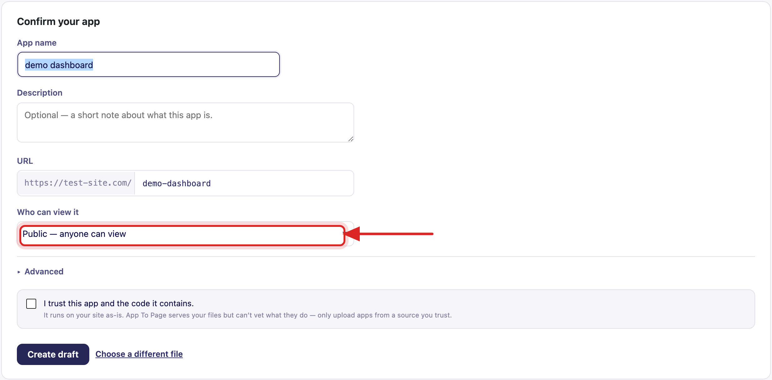 The Confirm your app card with the "Who can view it" dropdown highlighted.